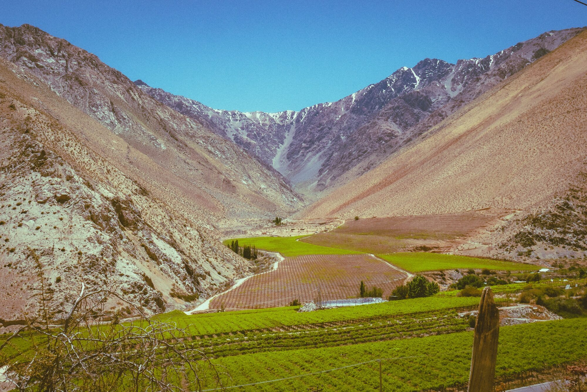 Green valley between Andean mountains in central Chile